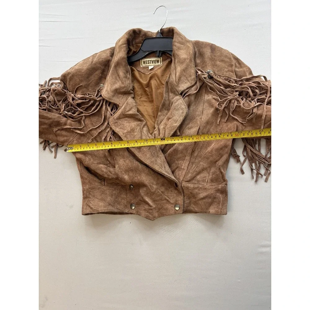 WESTVIEW Womens Brown Suede Leather Fringe Jacket Small S Western Boho Cropped